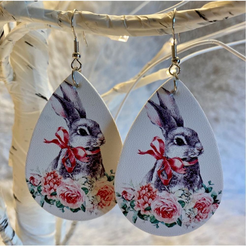 NEW Shabby Chic Farmhouse White Bunny Pink Flower Print Earrings